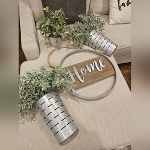 Rustic Metal Planters with Wooden Home Sign FARMHOUSE DECOR